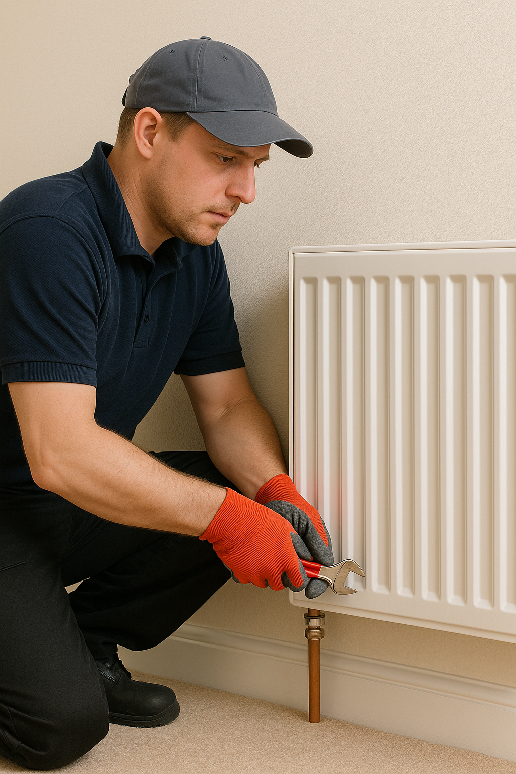 Qualified engineer installing a central heating radiator in a UK home